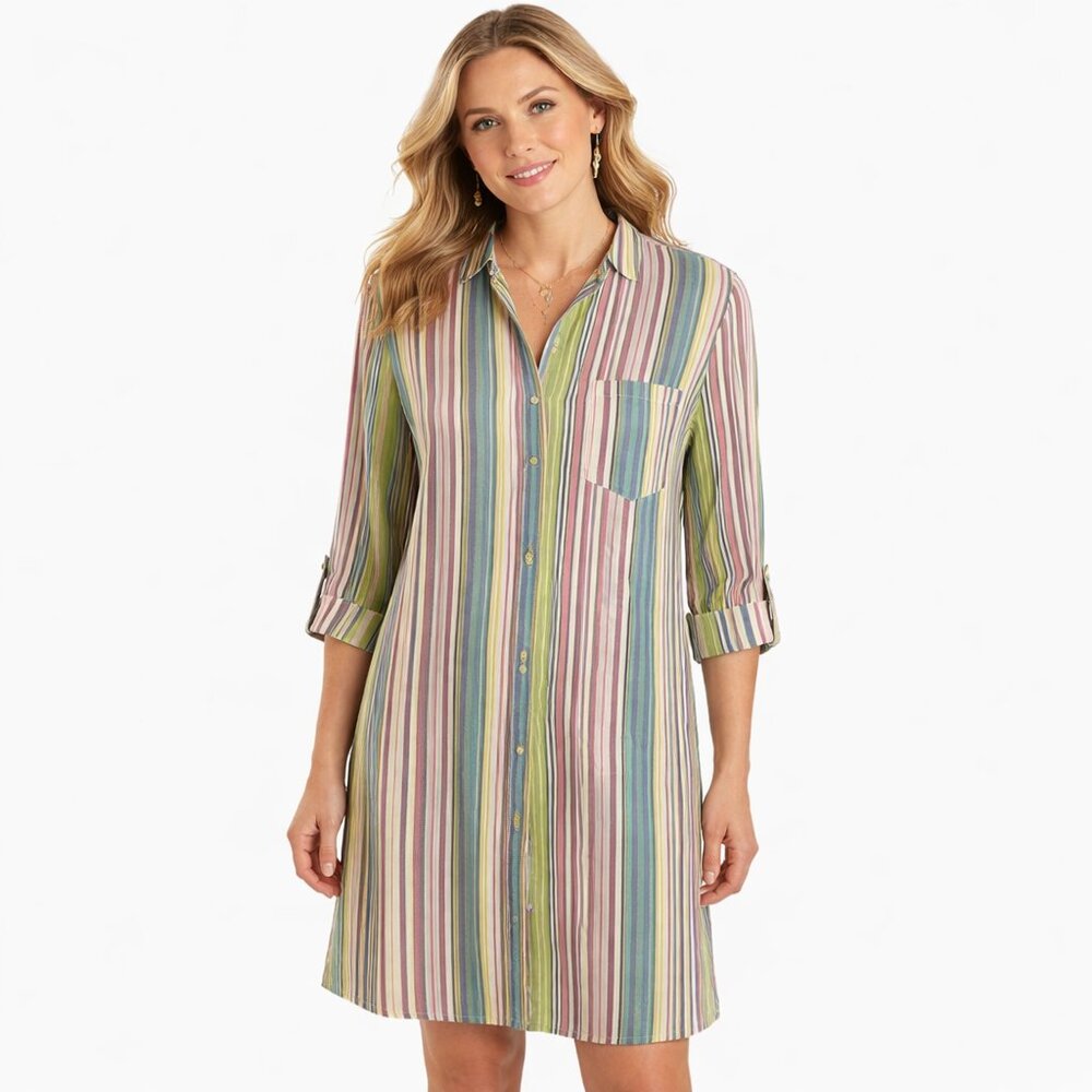 Chico's Dress Women's Medium Linen Stripes Shirt Casual Resort Wear Chicos 1‎